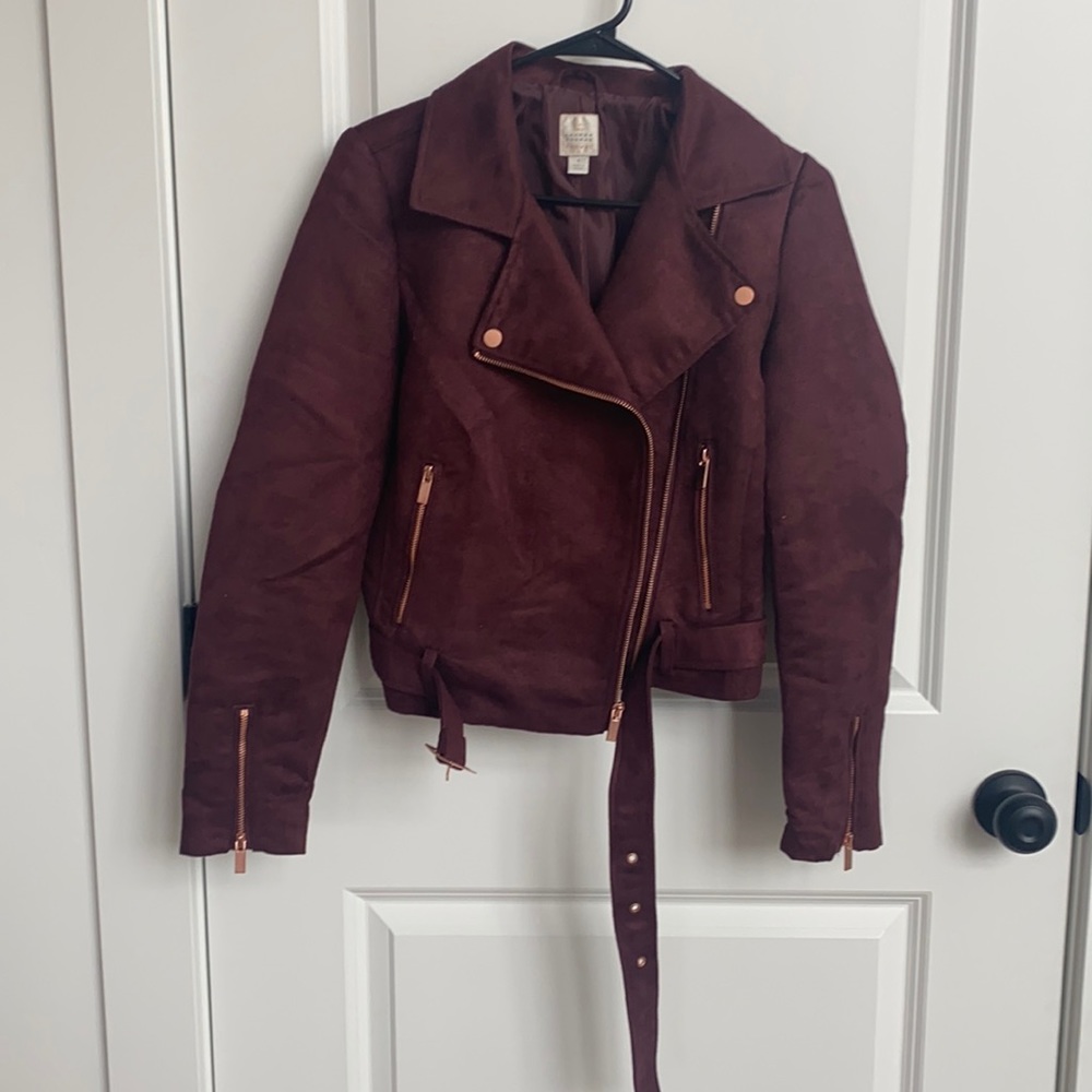 Burgundy faux suede moto jacket Lauren Conrad
